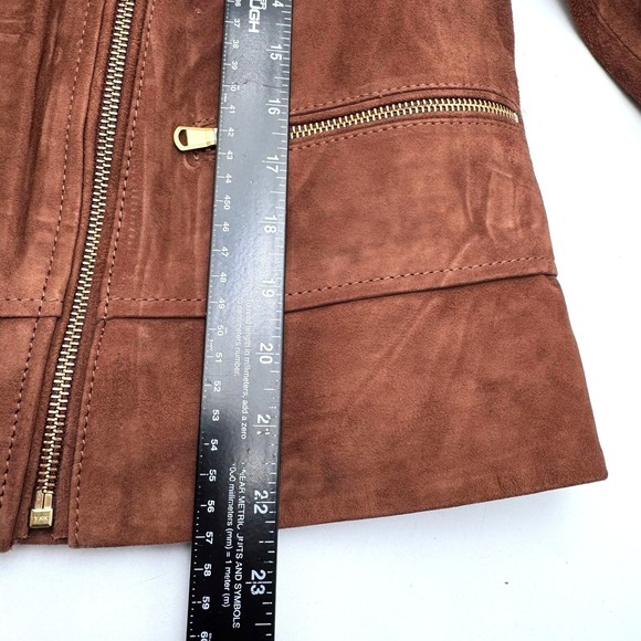 TALBOTS Women's 12 Brown Goat Suede Leather Asymmetrical Zip Pockets Moto Jacket - Picture 8 of 9
